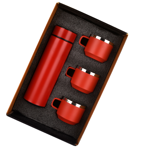 Red 4in1 Temperature Bottle with 3 Steel Cups Gift Set  - For Employee Joining Kit, Corporate, Client or Dealer Gifting HK37427