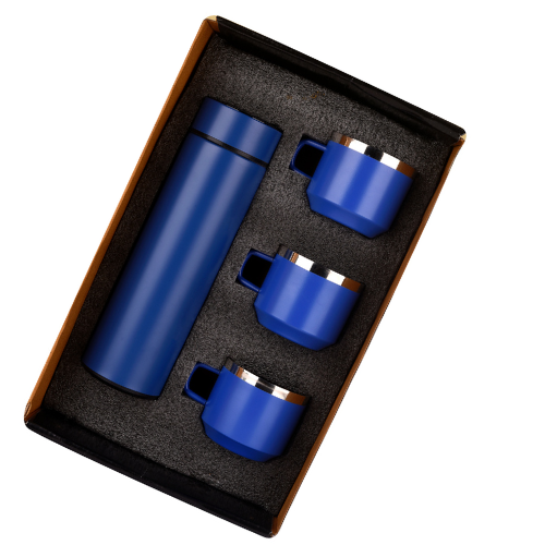 Blue 4in1 Temperature Bottle with 3 Steel Cups Gift Set  - For Employee Joining Kit, Corporate, Client or Dealer Gifting HK37429
