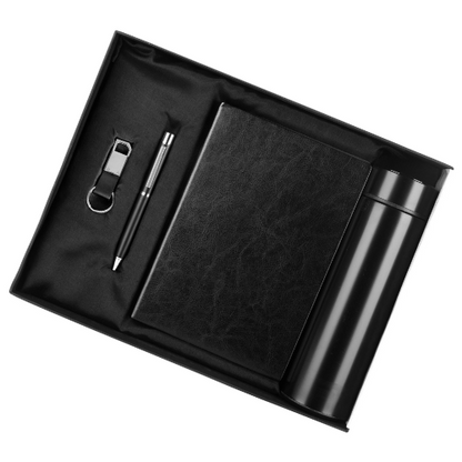 Black 4in1 Bottle, Pen, Keychain, Soft Bound Diary Notebook Combo Gift Set - For Employee Joining Kit, Corporate, Client or Dealer Gifting HK37479
