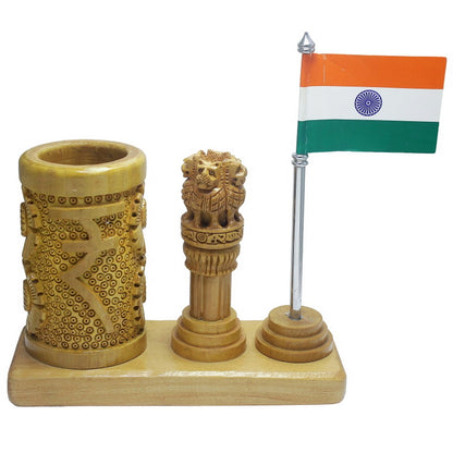 Rupee Design Pen Stand with Ashoka Pillar and Indian Flag Table Top - For Corporate Gifting, Office, School, College Use, Independence Day, Republic Day Gift Item JAWTTP00