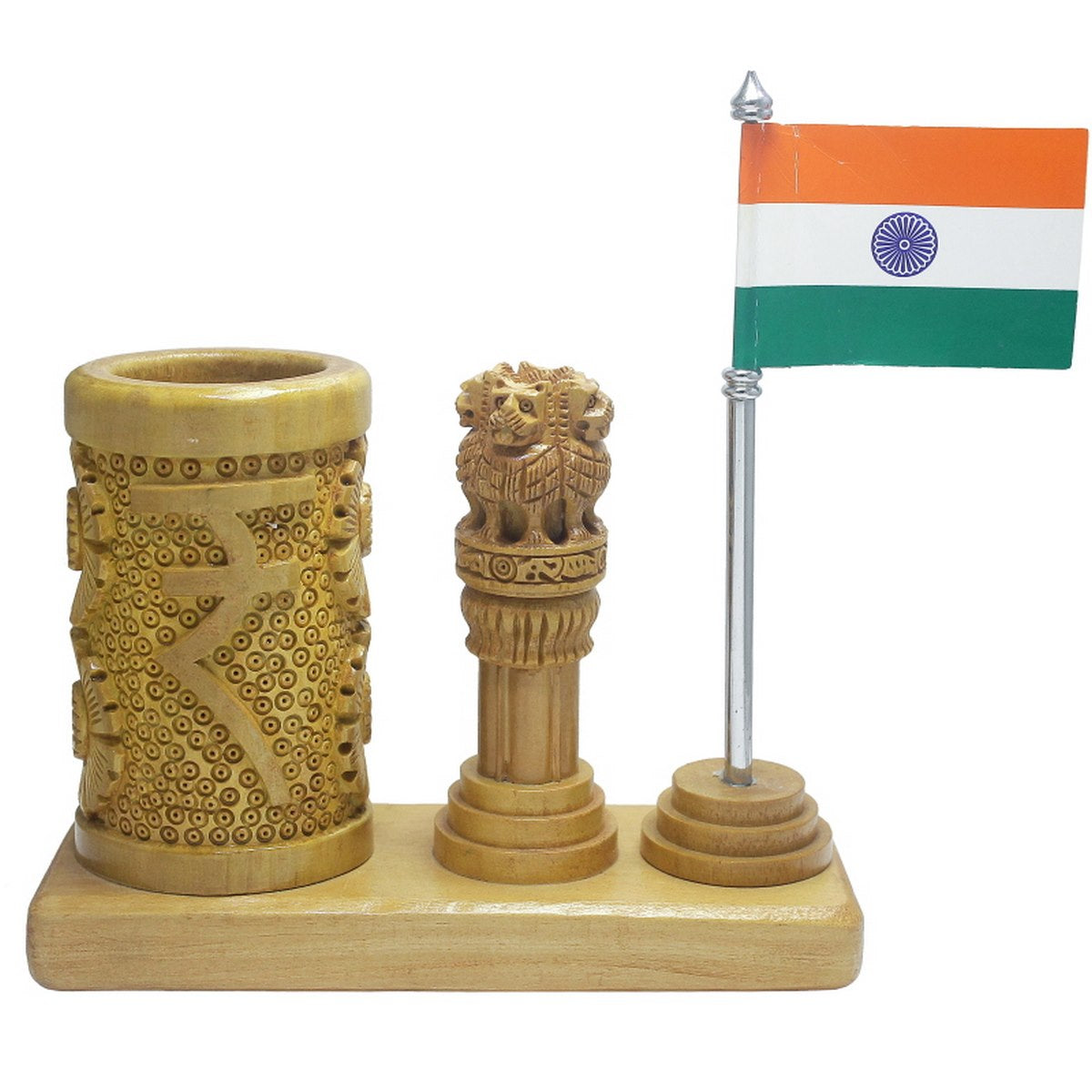 Rupee Design Pen Stand with Ashoka Pillar and Indian Flag Table Top - For Corporate Gifting, Office, School, College Use, Independence Day, Republic Day Gift Item JAWTTP00