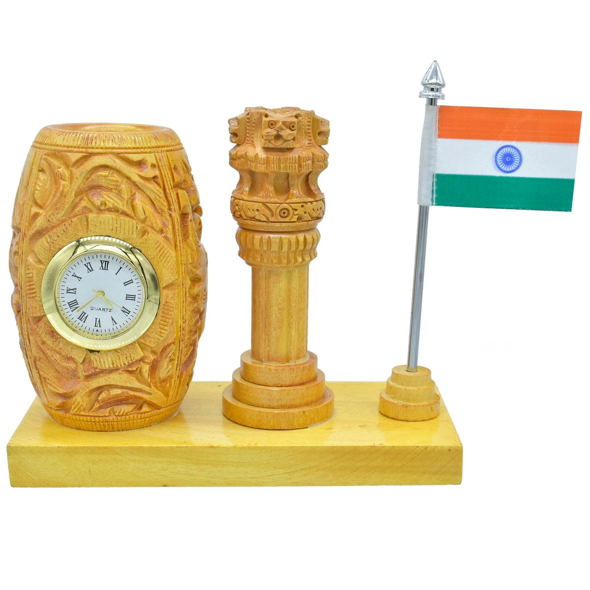 Wooden Pen Stand cum Clock with Ashoka Pillar and Indian Flag Table Top - For Corporate Gifting, Office, School, College Use, Independence Day, Republic Day Gift Item