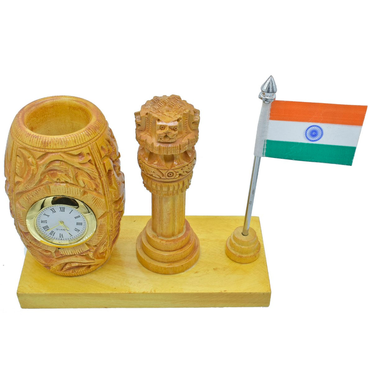 Wooden Pen Stand cum Clock with Ashoka Pillar and Indian Flag Table Top - For Corporate Gifting, Office, School, College Use, Independence Day, Republic Day Gift Item JAWTTP01