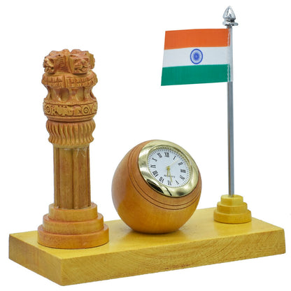 Wooden Round Pen Stand cum Clock with Ashoka Pillar and Indian Flag Table Top - For Corporate Gifting, Office, School, College Use, Independence Day, Republic Day Gift Item