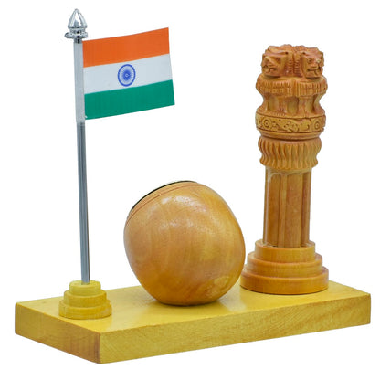 Wooden Round Pen Stand cum Clock with Ashoka Pillar and Indian Flag Table Top - For Corporate Gifting, Office, School, College Use, Independence Day, Republic Day Gift Item JAWTTP02