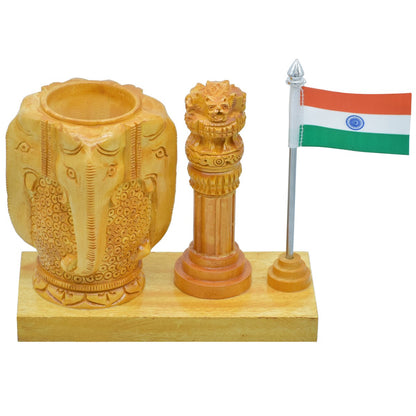Elephant Design Pen Stand with Ashoka Pillar and Indian Flag Table Top - For Corporate Gifting, Office, School, College Use, Independence Day, Republic Day Gift Item JAWTTP03