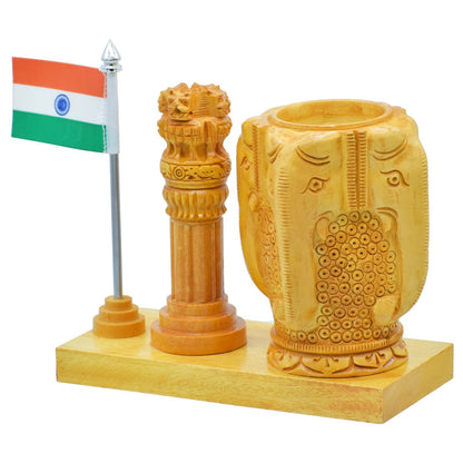 Elephant Design Pen Stand with Ashoka Pillar and Indian Flag Table Top - For Corporate Gifting, Office, School, College Use, Independence Day, Republic Day Gift Item JAWTTP03