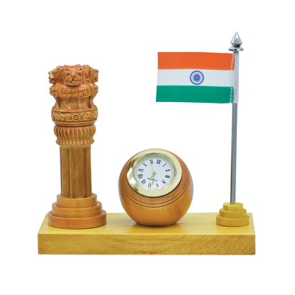 Wooden Round Pen Stand cum Clock with Ashoka Pillar and Indian Flag Table Top - For Corporate Gifting, Office, School, College Use, Independence Day, Republic Day Gift Item