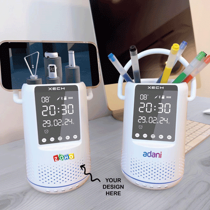 Personalized Multipurpose Wireless Speaker cum Alarm Clock, Smartphone or Pen Stand, with RGB lights - For Corporate Gifting, Office Gift Item, Return Gift, Event Gifts, Promotions
