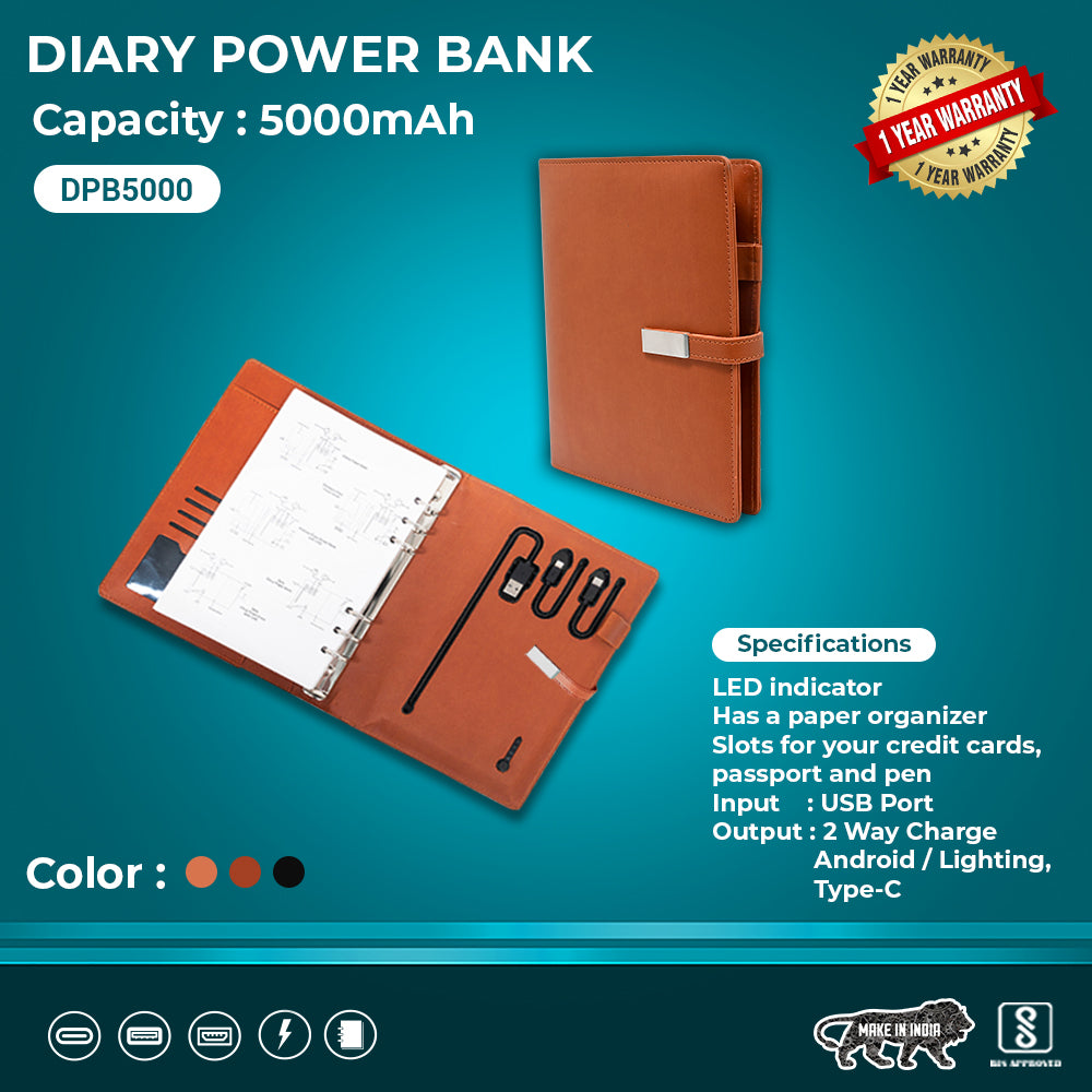 Personalized Brown Notebook Diary Power bank - For Office Use, Personal Use, Return Gift, or Corporate Gifting - DPBxxx5000mAh HK5000