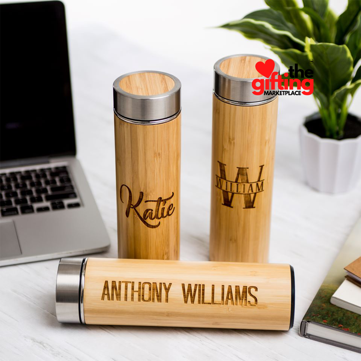 Personalized Engraved Insulated Double Wall Bamboo Water Bottle - For Return Gift, Corporate Gifting, Office or Personal Use HK10234