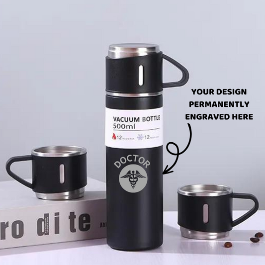 Personalized Black Steel Vacuum Flask Set with 3 Steel Cups Combo - Laser Engraved