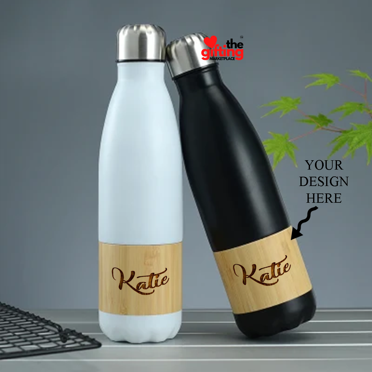 Personalized Engraved Insulated Double Wall Bamboo Cola Shape Water Bottle White - 500ml - For Return Gift, Corporate Gifting, Office or Personal Use BGH199