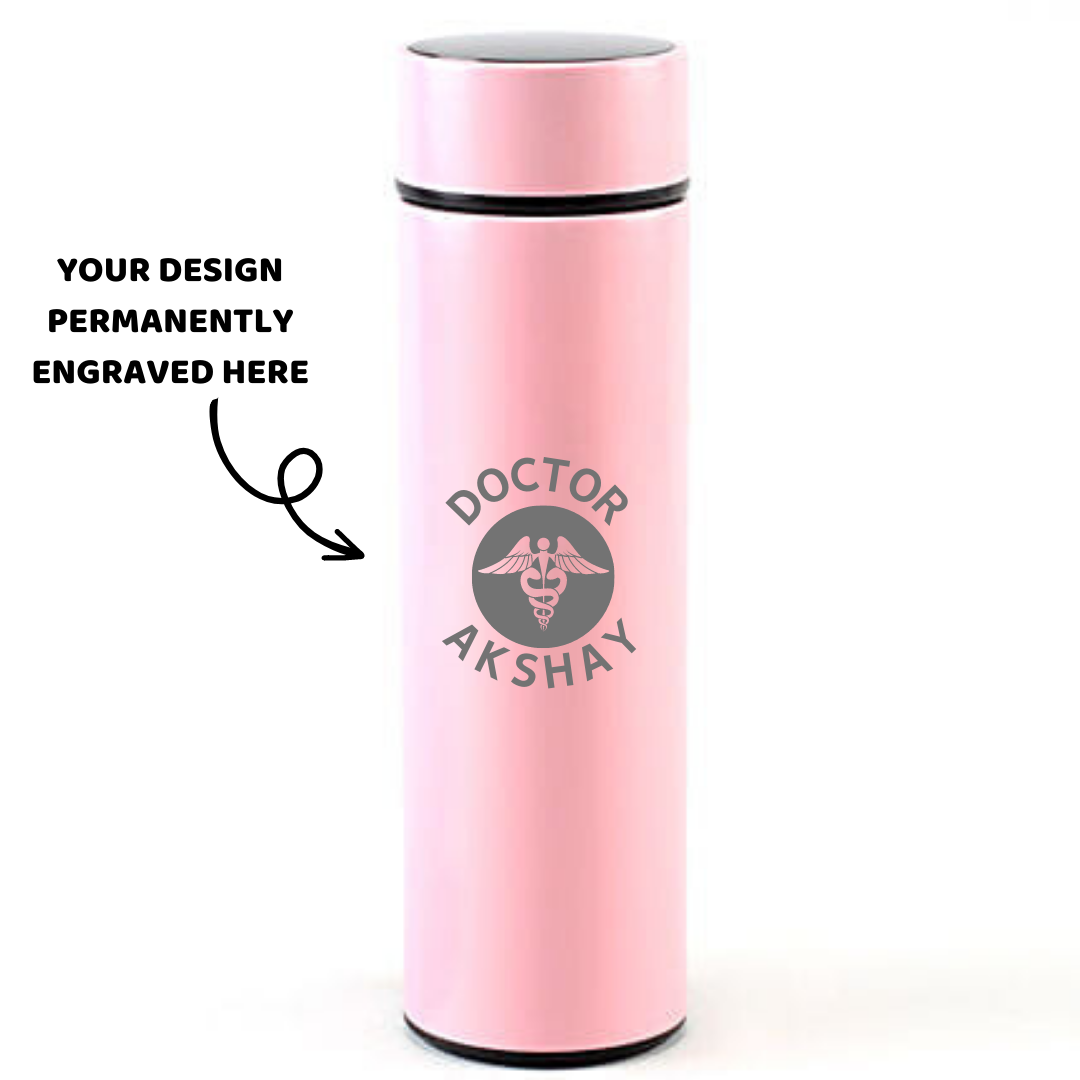 Personalized Pink Temperature Water Bottle - Laser Engraved - For Return Gift, Corporate Gifting, Office or Personal Use