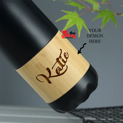 Personalized Engraved Insulated Double Wall Bamboo Cola Shape Water Bottle Black - 500ml - For Return Gift, Corporate Gifting, Office or Personal Use BGH199