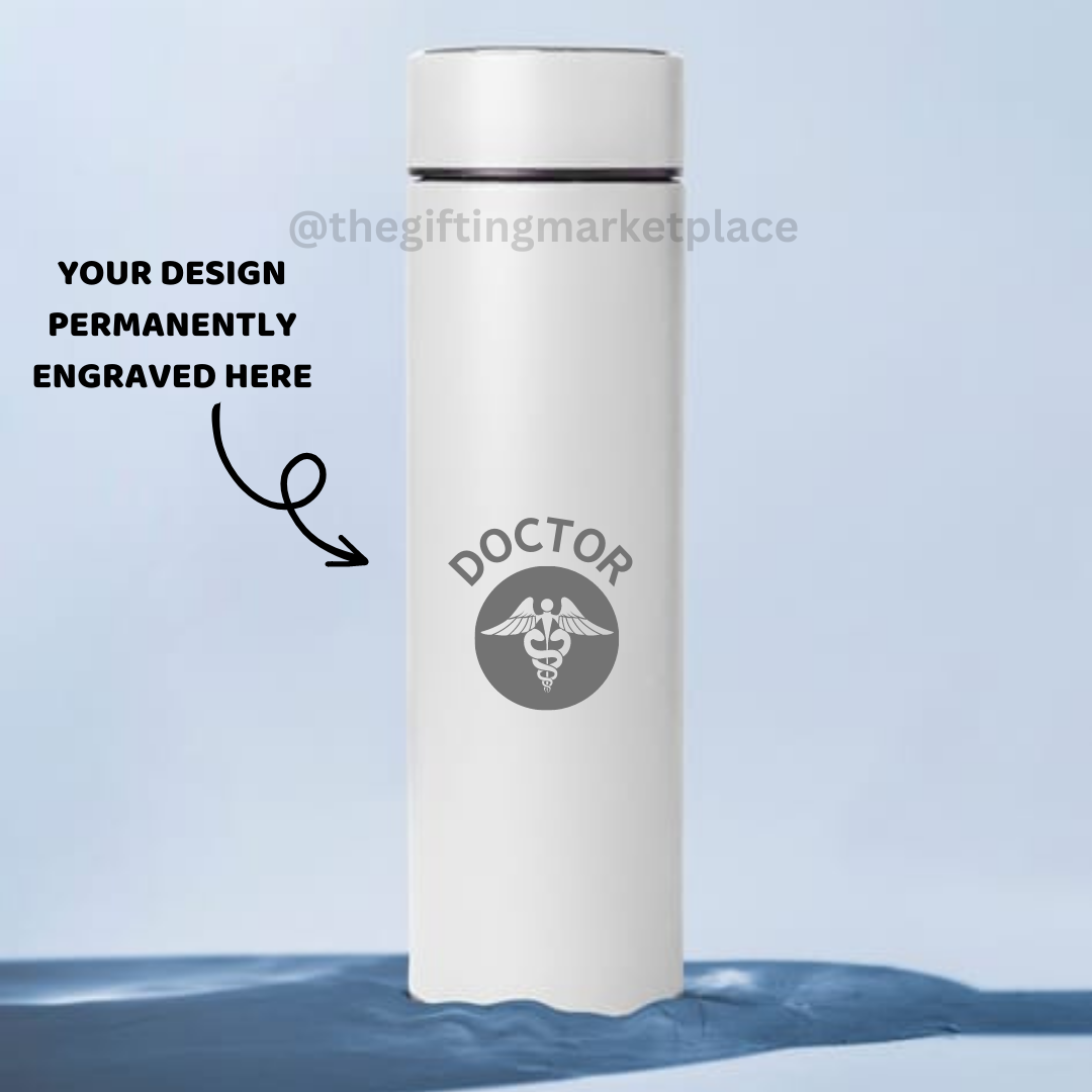 Personalized White Temperature Water Bottle - Laser Engraved - For Return Gift, Corporate Gifting, Office or Personal Use