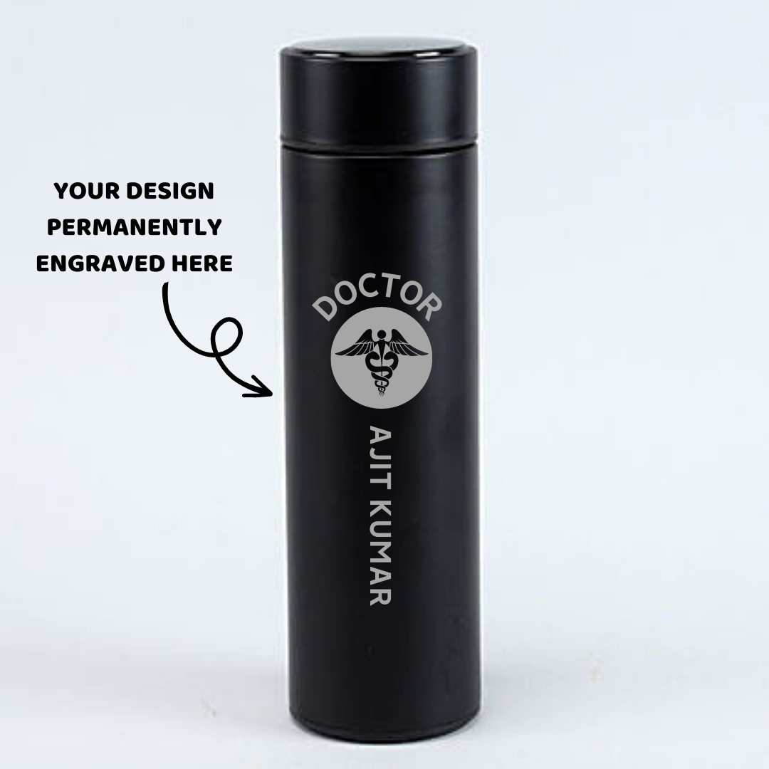 Personalized Black Temperature Water Bottle - Laser Engraved - For Return Gift, Corporate Gifting, Office or Personal Use