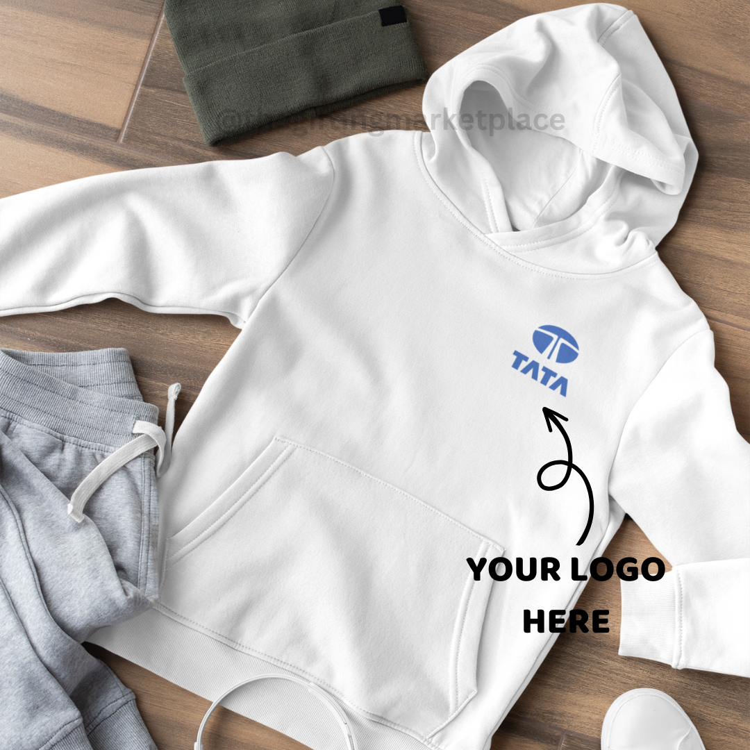 Customized Corporate Logo Printed Mens White Hoodie - For Corporate Events, Corporate Gifting, Sports Day, College Events, Promotions