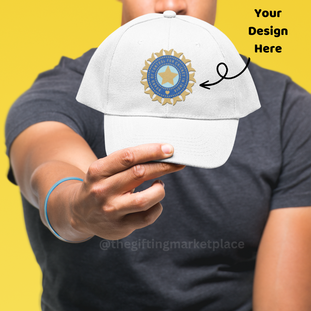 Personalized White Cotton Cap - 6 Panel - For Corporate Gifting, School, College, Office Events and Sports Day