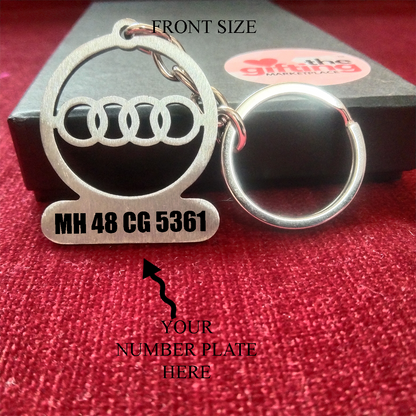 Personalized Premium Audi Stainless Steel Keychain with Number Plate, Name, and Phone Number Printed