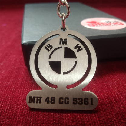 Personalized Premium BMW Stainless Steel Keychain with Number Plate, Name, and Phone Number Printed