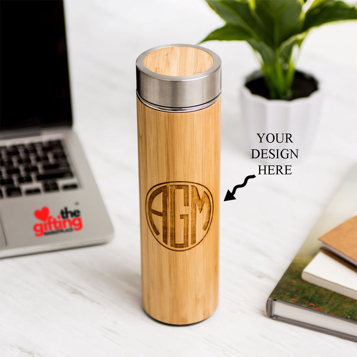Personalized Engraved Insulated Double Wall Bamboo Water Bottle - For Return Gift, Corporate Gifting, Office or Personal Use HK10234